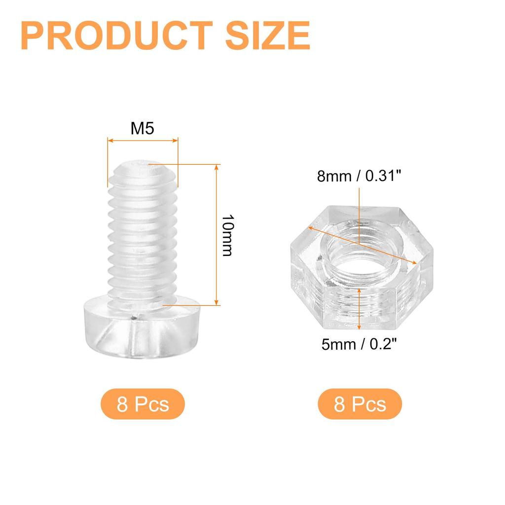 uxcell Clear Acrylic Screw M5 x 10mm Round Head Cross Recessed Bolts and Hex for Mechanical and DIY Crafts 8-Piece Kit, Nuts, Accessories,