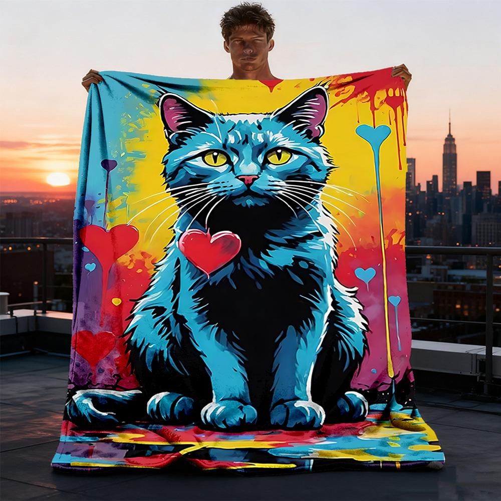 1pc Colorful Cat Outdoor Flannel Blanket Soft All Season Polyester Throw , Perfect for Picnics & Travel , Picnic Accessory
