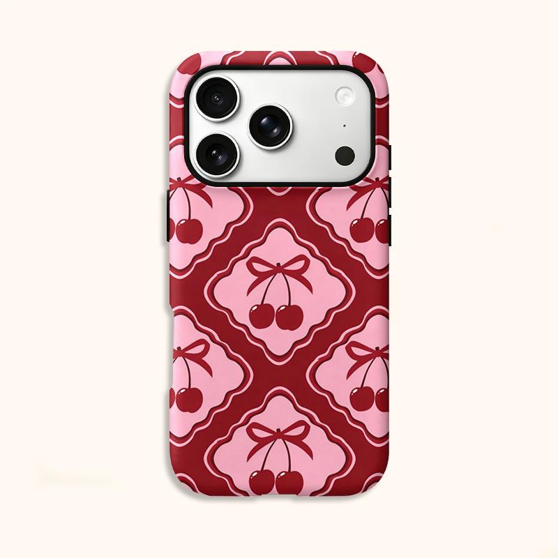 Cute Y2K Sweet Coquette Geometric Red Pink Cherry Bow Pattern Film Art Aesthetic Protective Shockproof Bumper Case For iPhone 14 15 16 Pro Max Plus