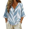 Women's Vintage Floral Print V Neck Loose Fit Short Sleeve Blouse Linen Blend Casual Top with Button Detail