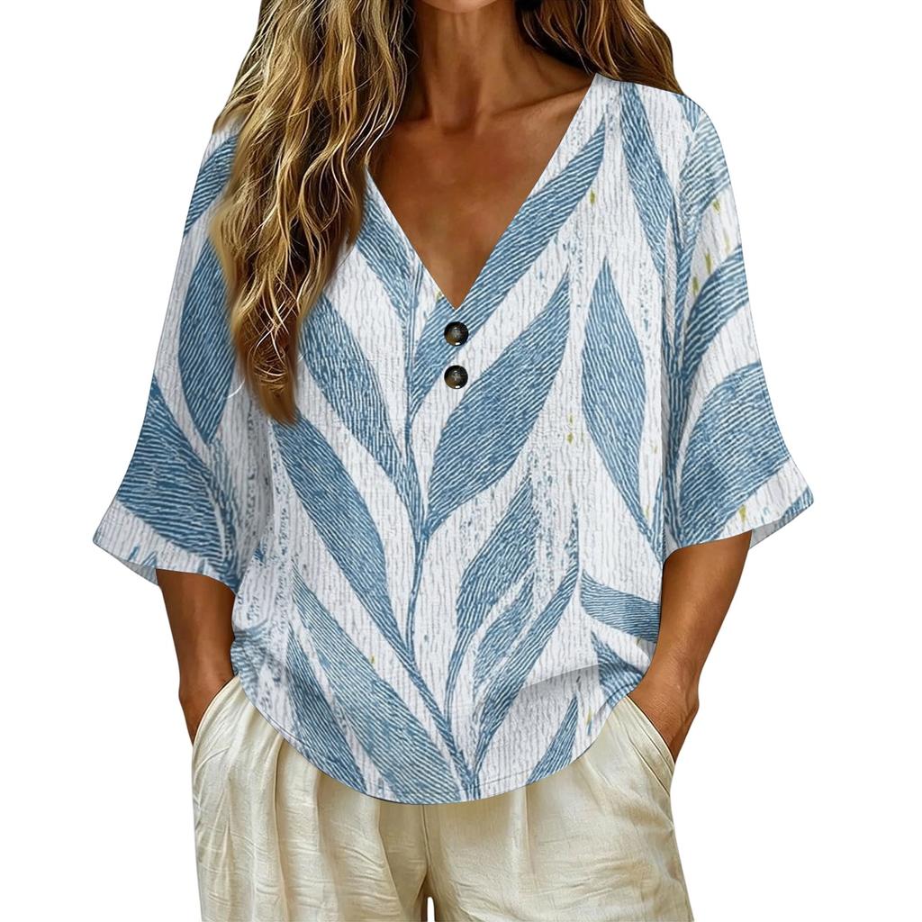 Women's Vintage Floral Print V Neck Loose Fit Short Sleeve Blouse Linen Blend Casual Top with Button Detail