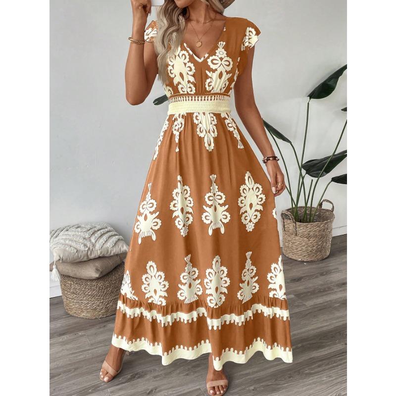 Maxi Abito da Donna Stampato Scollo a V Manica Vita Elastica Casual Boemo Estivo Abiti da Spiaggia