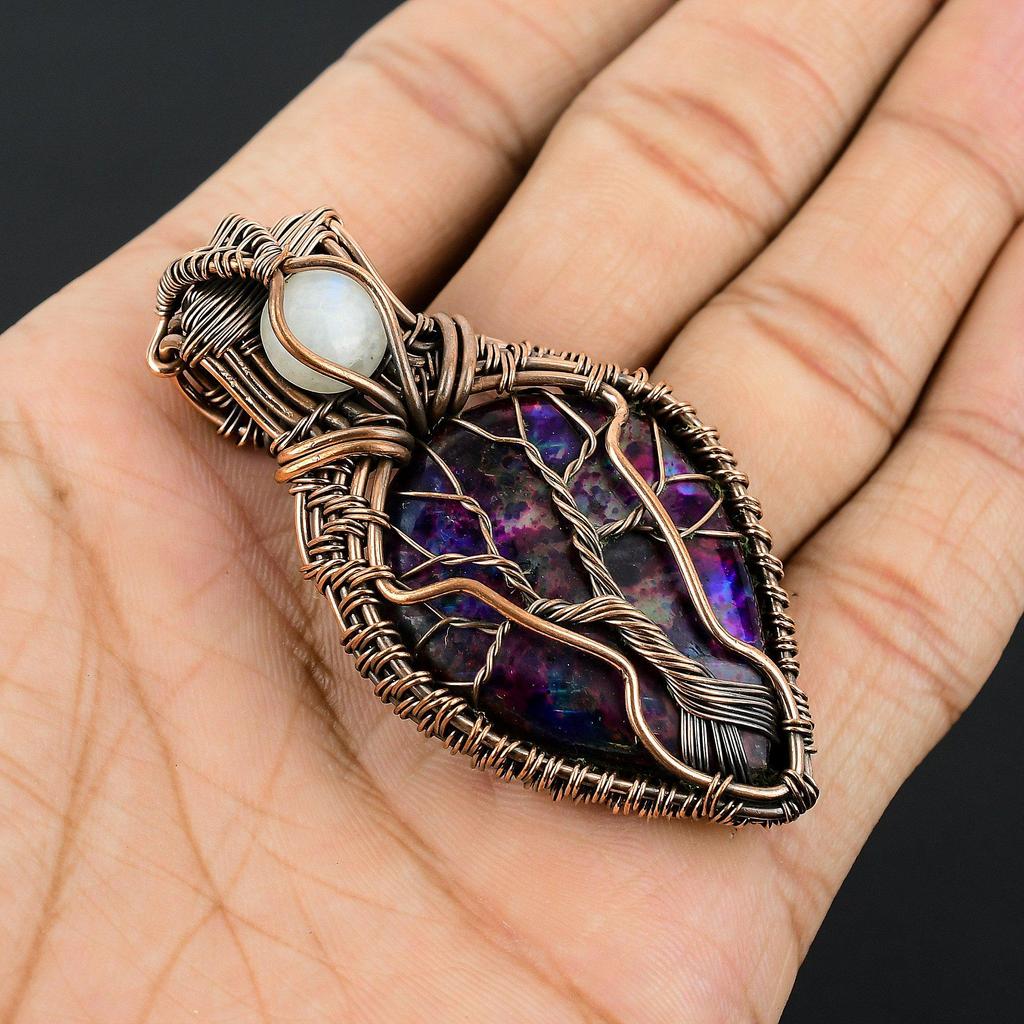 Multi Flash Labradorite & Rainbow Moonstone Pendant, 999 Copper Wire Wrapped Jewelry, Handmade Pendant Gemstone Jewelry
