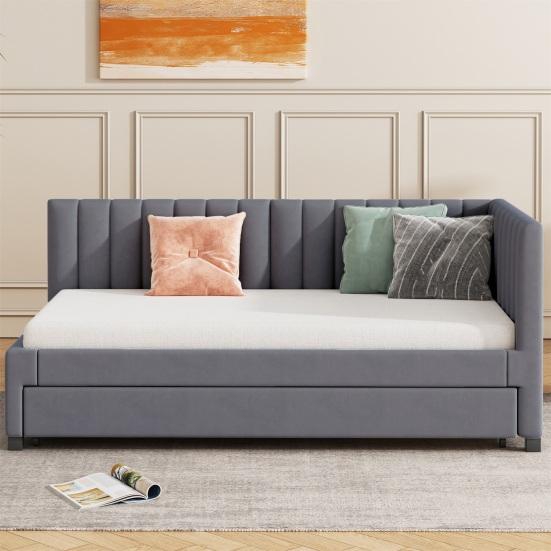 90x200cm Velvet Fabric Upholstered Bed with Pull-out Bed Headboard Line Texture Strong Wood Slat Support Bed Home Furniture, Grey