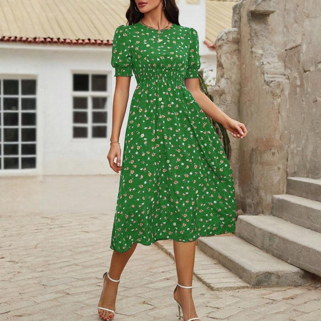 Women's Fashionable Round Neck Short Sleeved Floral Print Holiday Casual Dress