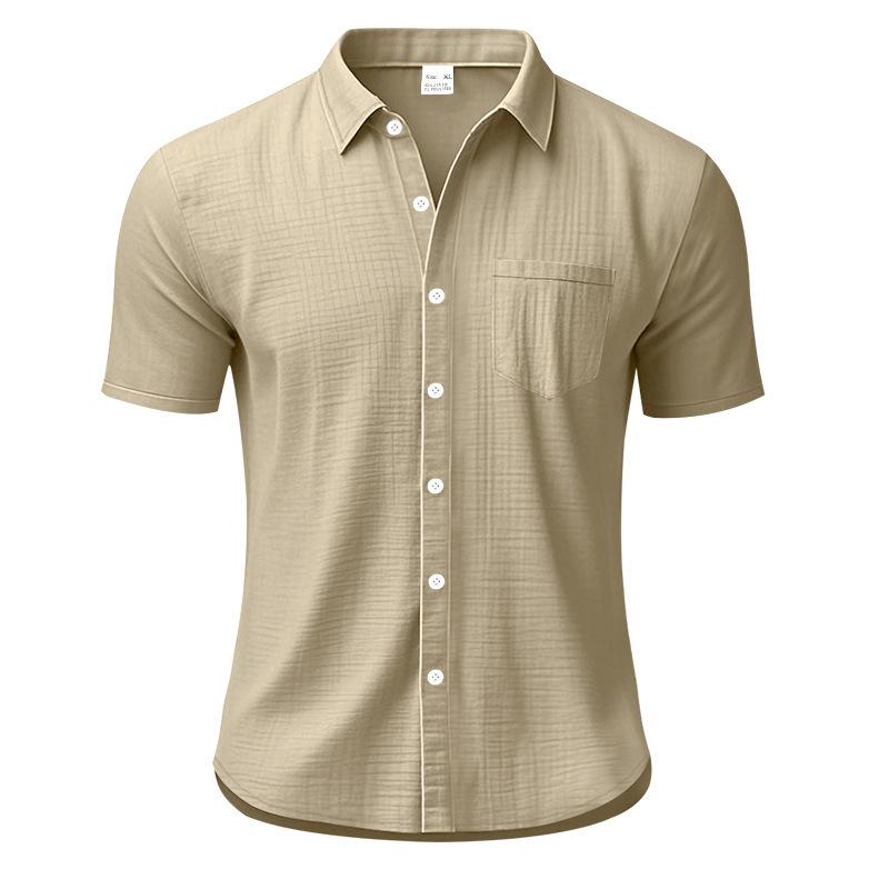 Summer Solid Color Linen Men's Shirt Turn-Down Collar Short Sleeve Tops Men's Loose Pocket Button Cardigan Casual Shirt