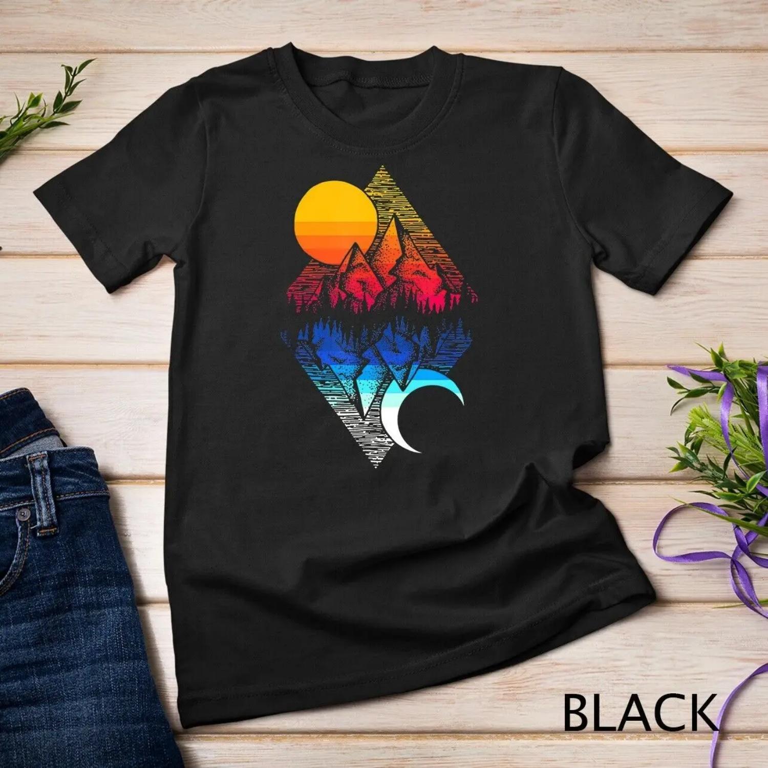 

Geometric Mountain Art Sun And Moon Camping Lover Hiking T Shirt XXXXXL