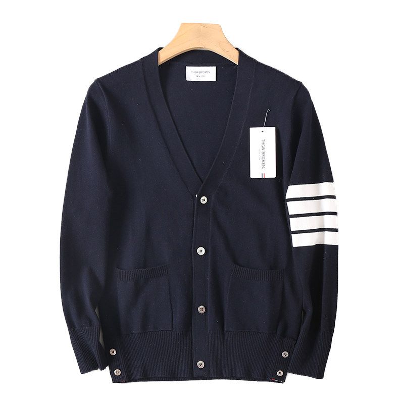 High-End Four-Stripe Knit Cardigan Sweater Unisex Color-Blocked Striped Sweater Spring and Autumn Trendy Brand Jacket