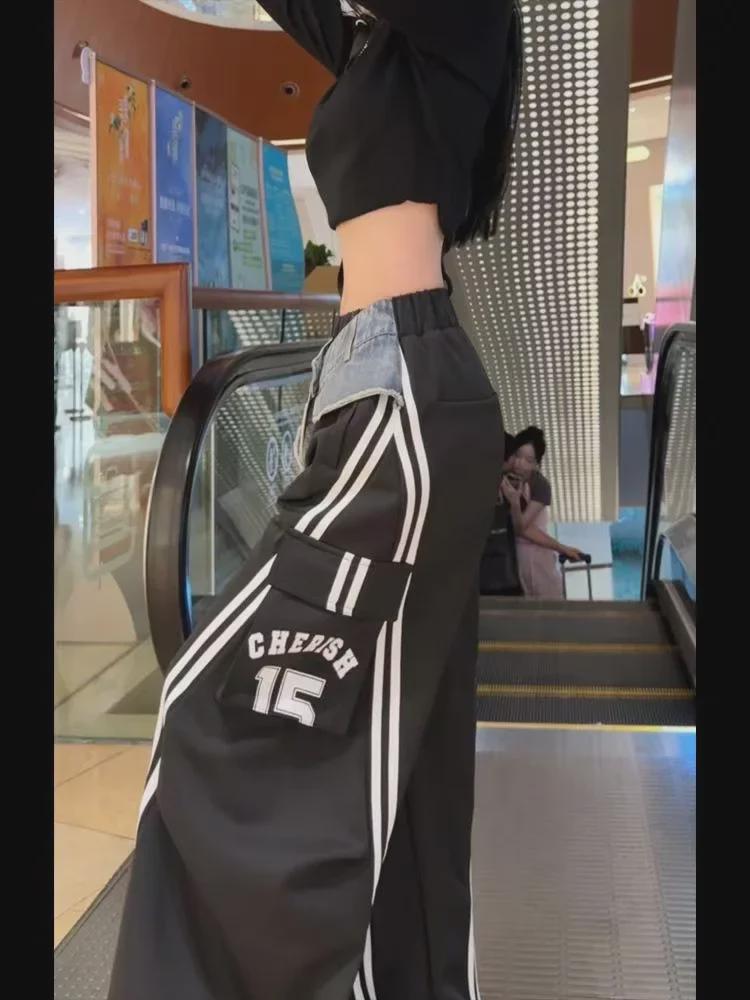 Women's Autumn Denim Striped Fake Two-Piece Overalls with Multi-Pocket Wide-Leg Pants