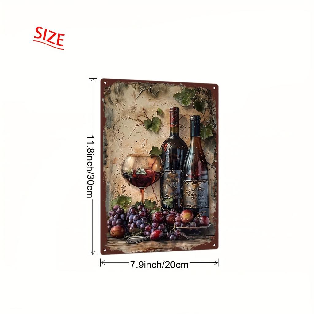 2D Flat - Vintage Metal Sign Plaque | Iron Painting with Wine Bottle, Glass, Grapes and Green Leaves Elements | 20*30cm/8*12inch