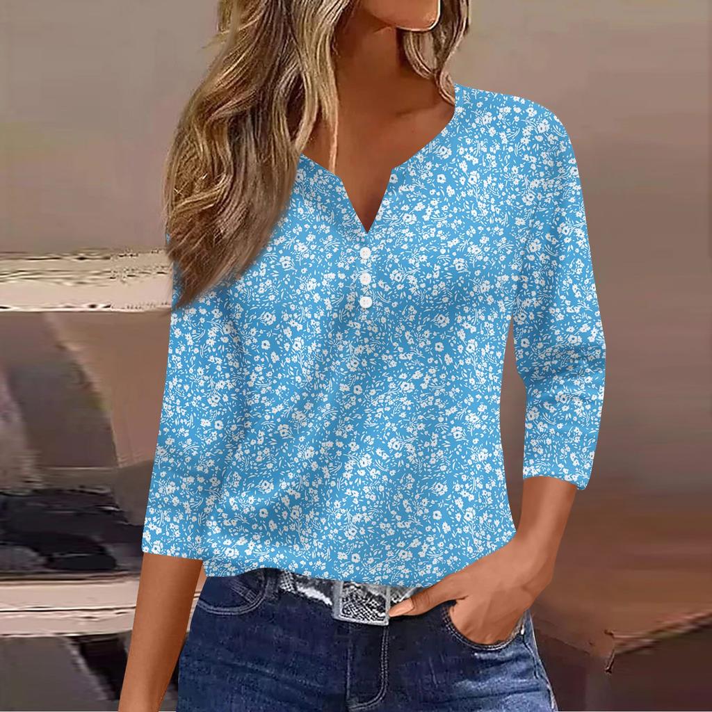 Ladies Casual Fashion V-neck Loose Versatile Floral Print Three-quarter Sleeve Top