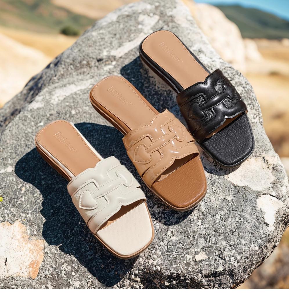 Sheepskin Version~ Square Head Cool Slippers Women's Summer 2025 New Flat-bottomed Beach One-word Drag French Outdoor Evening Sandals
