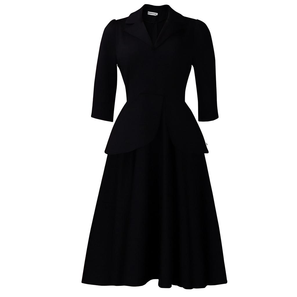 Women's Autumn Fashion Three-quarter Sleeve Suit-style Collar Solid-color Wide Skirt Large-sized Dress for Adults