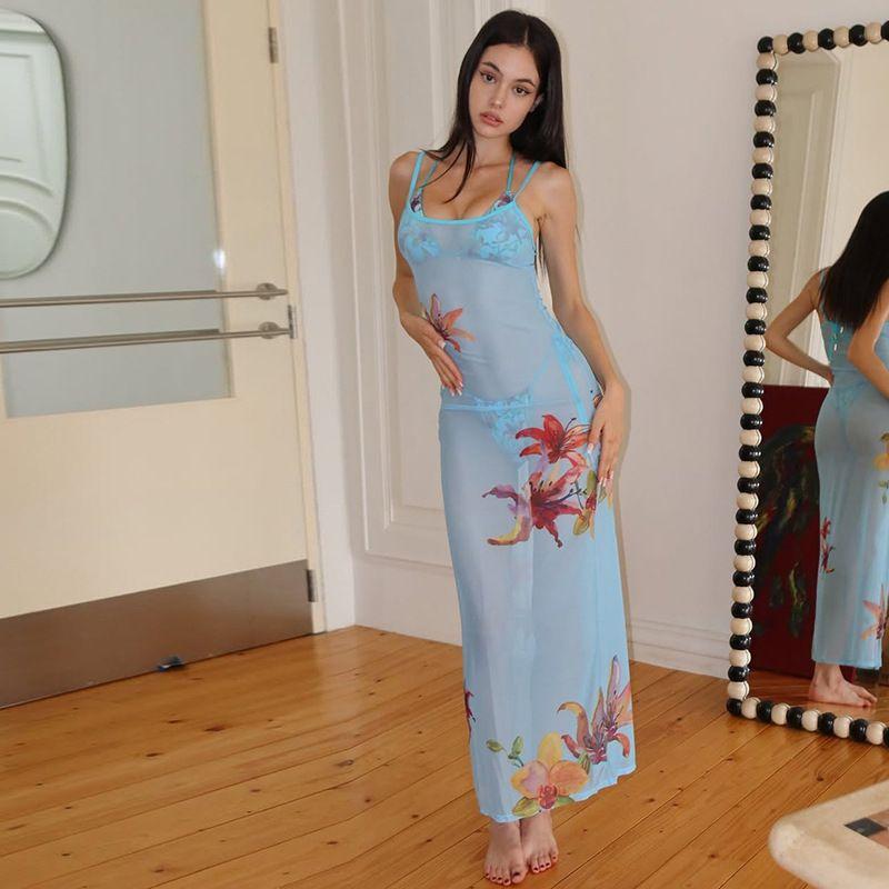 

Dress Beautiful Women s Clothing Florals Print Stretch Dress Open Back Strap Bikini Dress Long Dress Summer Blue L