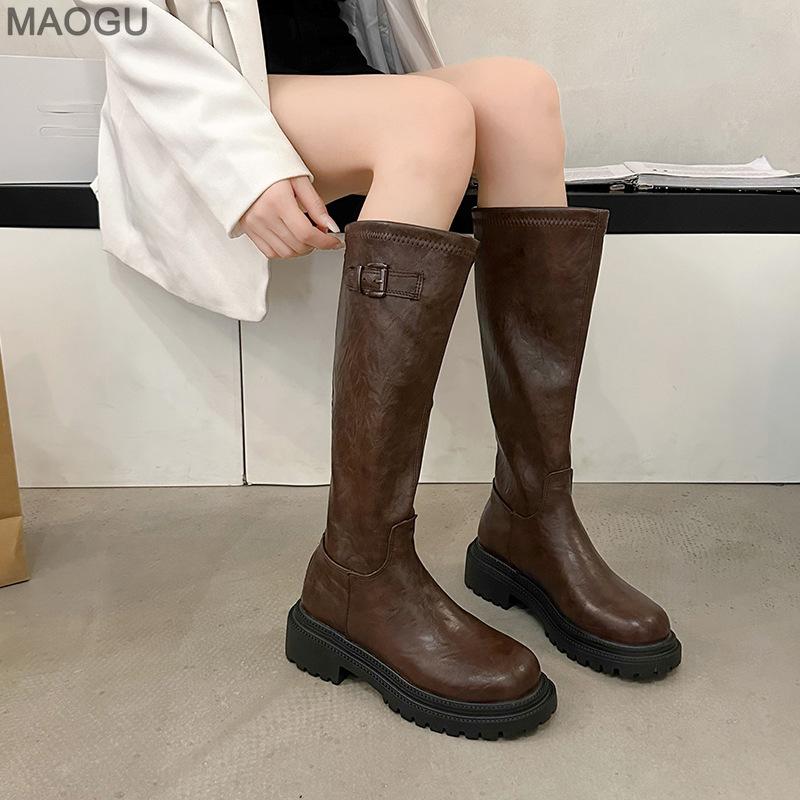 Platform Thigh High Boots Fashion Chunky Heels Black Brown Knee High Boots Autumn Winter Round Toe Zipper Long Motorcycle Botas