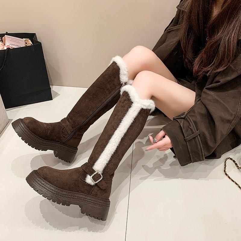 Fashion High Boots Winter New Round Toe Suede Metal Buckle Platform Non-slip Wear-resistant Block Heel Cotton Shoes