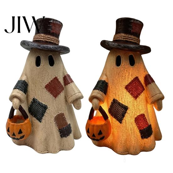 Harvest Festival Entryway Displays Lighted Patchwork Ghost Resin Figurine with Pumpkin Lantern, Rustic Farmhouse Style Halloween Whimsical Autumn Home