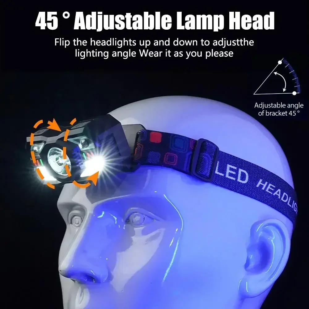 Lanterna frontală LED luminoasă, reîncărcabilă, cu lumină roșie, impermeabilă, cu senzor de mișcare, lampă de cap pentru camping, lumină pentru alergat