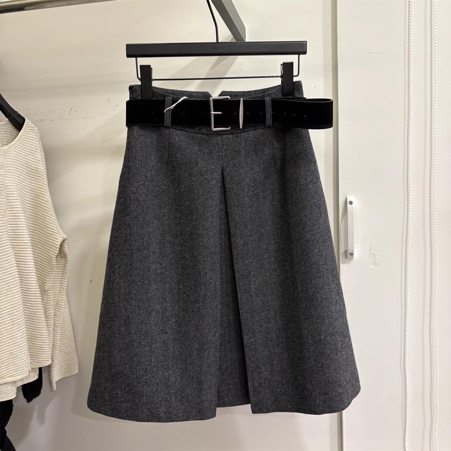 2025 Autumn/Winter High-Waisted Woolen A-Line Midi Skirt with Belt - Korean Style, Versatile, Slimming, Casual for Women L