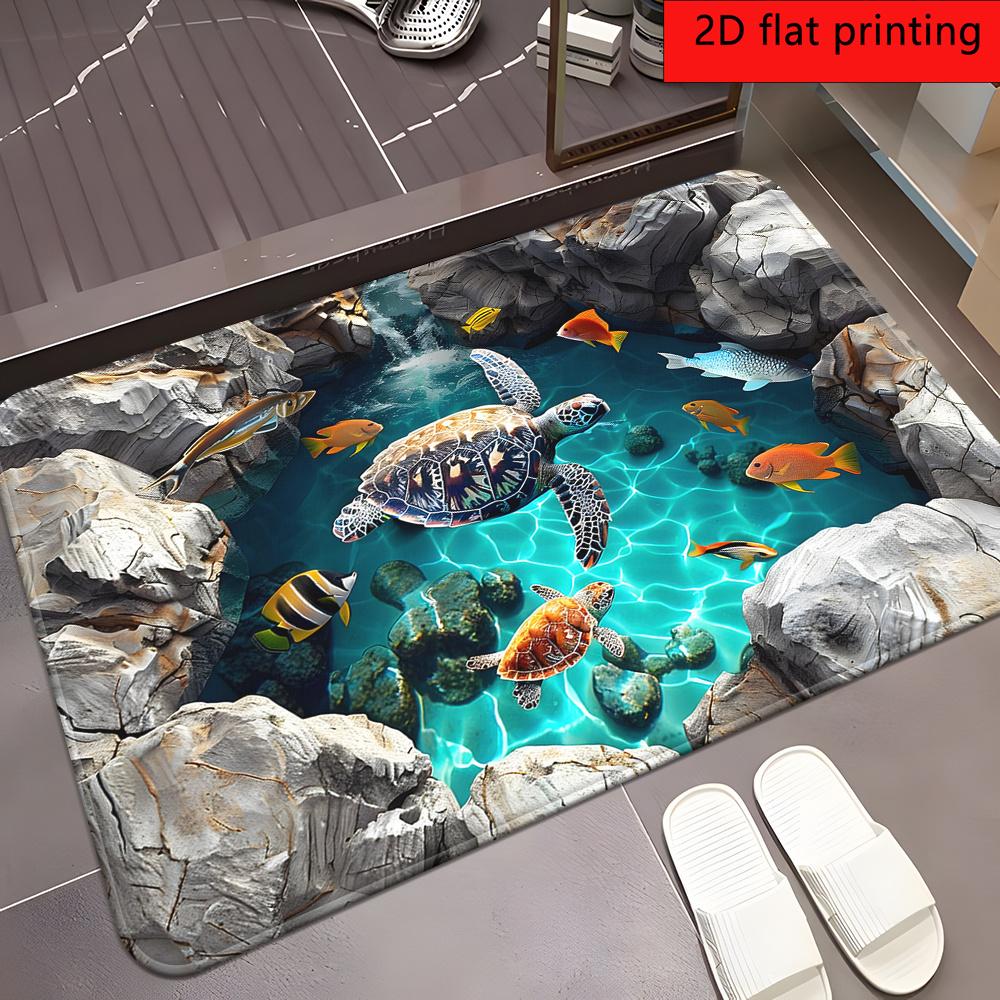 2D Flat Printing, 1pc of Phantom Pond Turtle Doormat - Non-Slip, Absorbent, Machine Washable, Featuring Vibrant Sea Turtle And Fish Patterns, Suitable