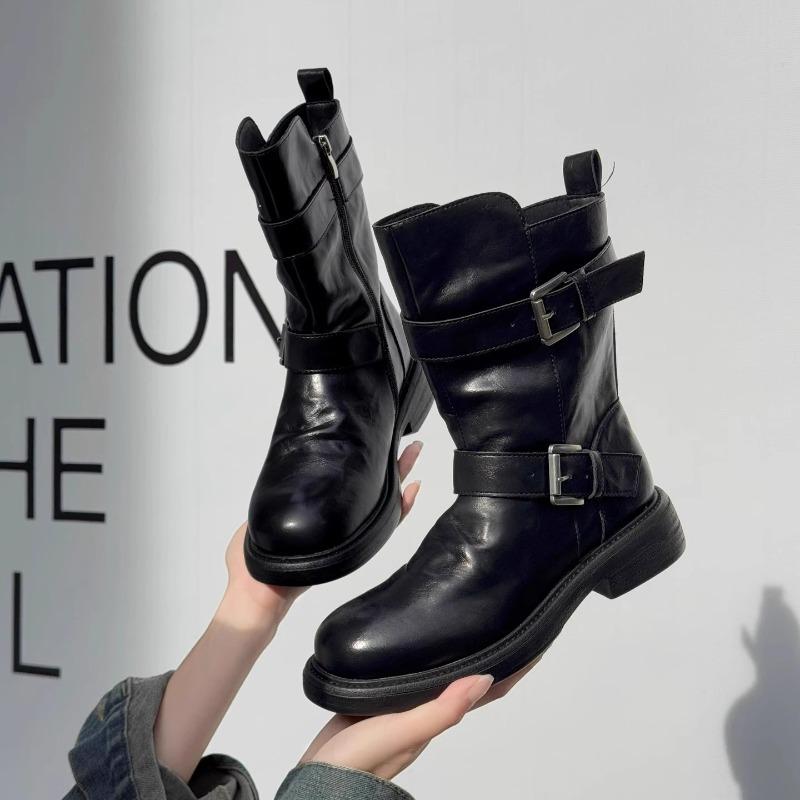 Cowhide Maillard Boots Vintage Leather Medium Boots Women's Belt Buckle Short Boots Thick-soled Martin Boots Skinny Boots