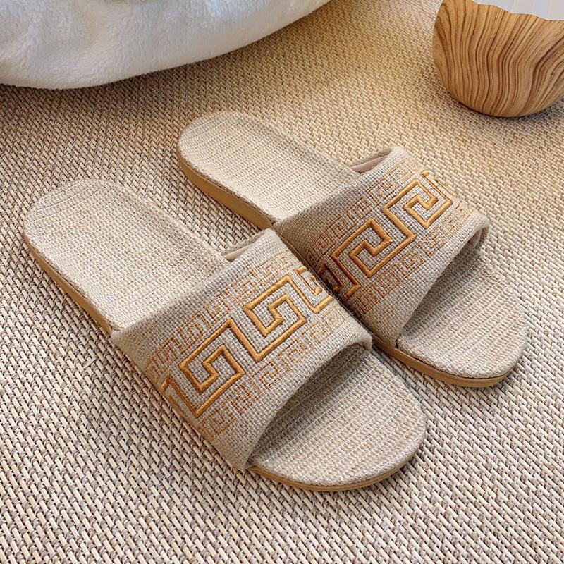 Machine embroidered women's new linen slippers women's summer home use couple indoor soft bottom non-slip cool slippers men's summer