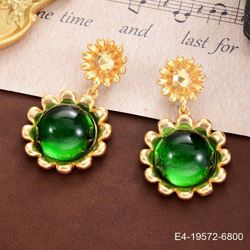 Vintage Grüne Perlenohrringe mit Blumenfaden - Damen Übertriebene 925 Glasstecker