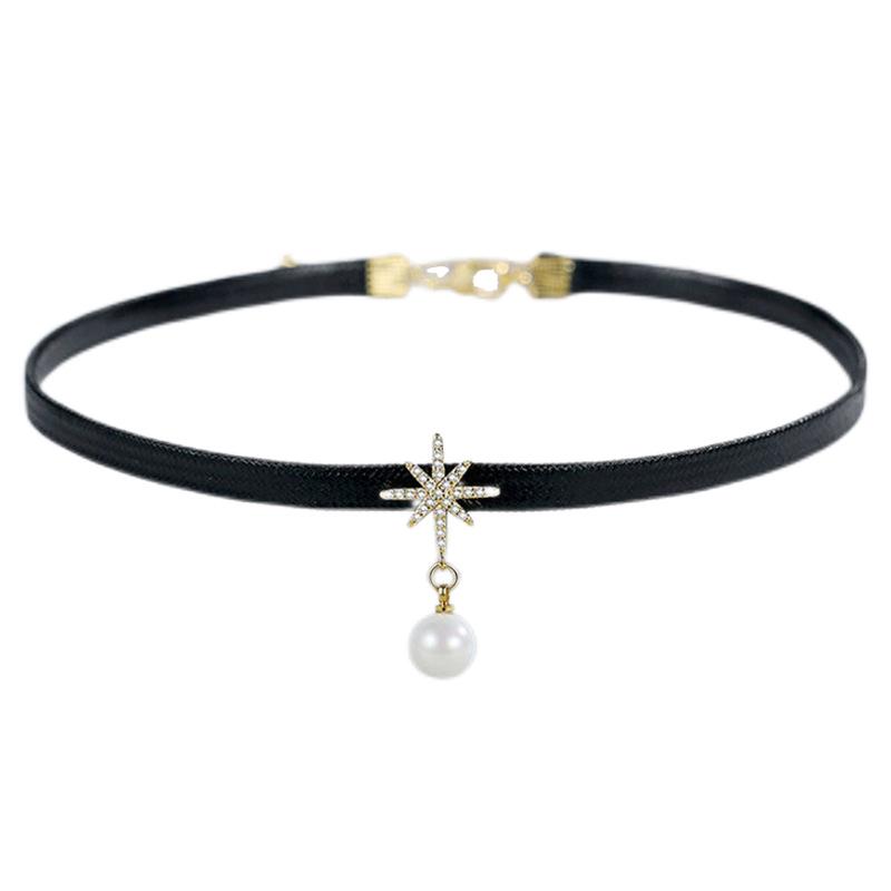 Åtte-spiss stjerne perlekjede - Dame svart lås kragebenskjede, 2025 trend