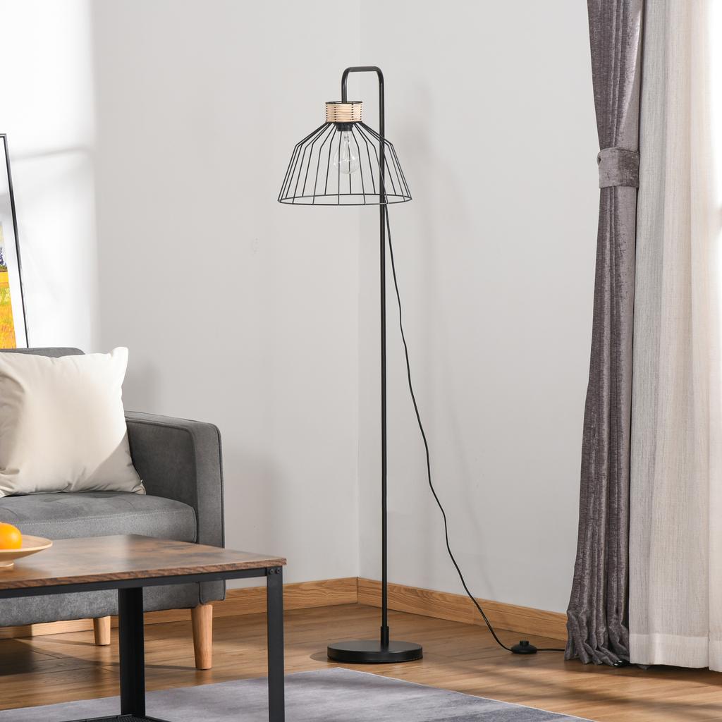 Floor Lamp Elegant Design Metal Standing Lamp with Rattan Decoration Ideal for Home Office Restaurant and Café 44 x 34 x 154 cm Black
