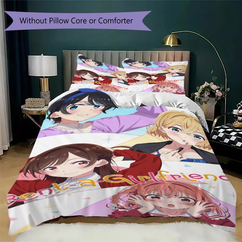 Rent a Girlfriend Pattern Bedding,Quilt Set Quilt Cover Pillowcase Home Birthday Gift(1 * duvet cover + 2 * pillowcase, without core)_lx