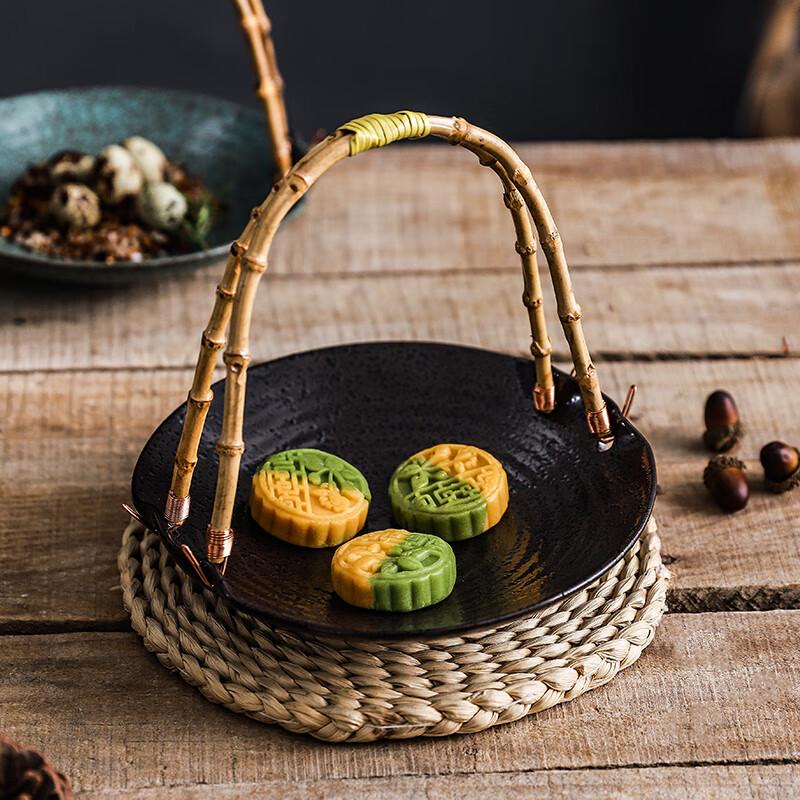 Wuhe Ceramic Serving Plate with Bamboo Handle
