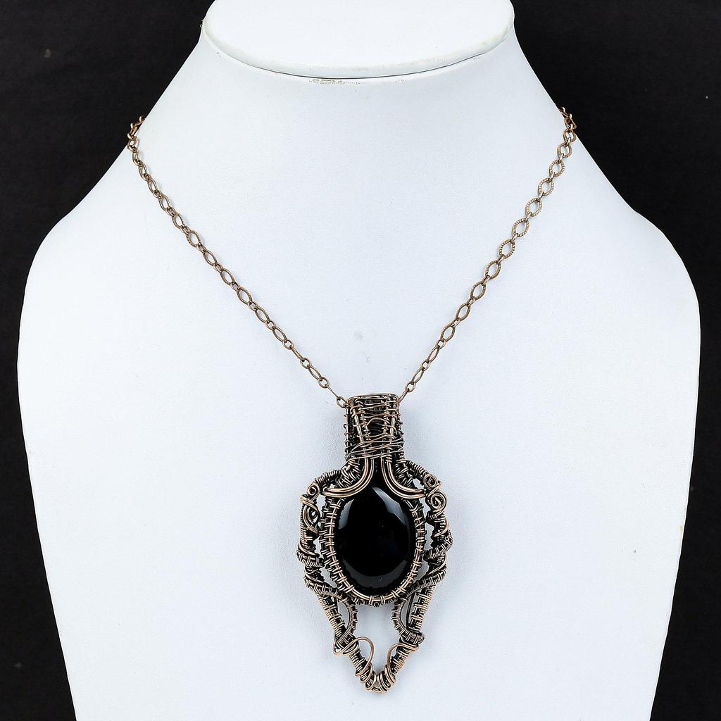 Black Onyx Gemstone Handmade Copper Wire Wrap Jewelry Pendant For Women