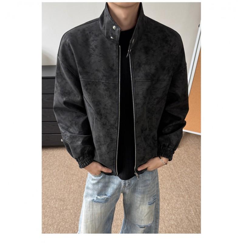 Mens Gray Tie-Dye PU Leather Jacket Stand Collar Zip Up Loose Fit Casual Fall Coat