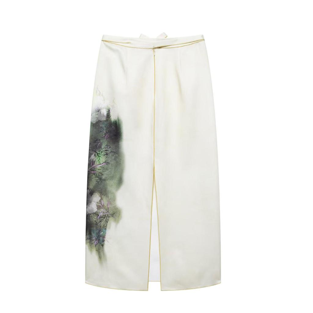 2025 Summer Silk Satin Print Midi Skirt: European & American Trend