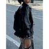 Women's Short Faux Leather Jacket Street Style Zipper PU Leather Riding Jacket Vintage Casual Fashion Jacket  Spot Goods