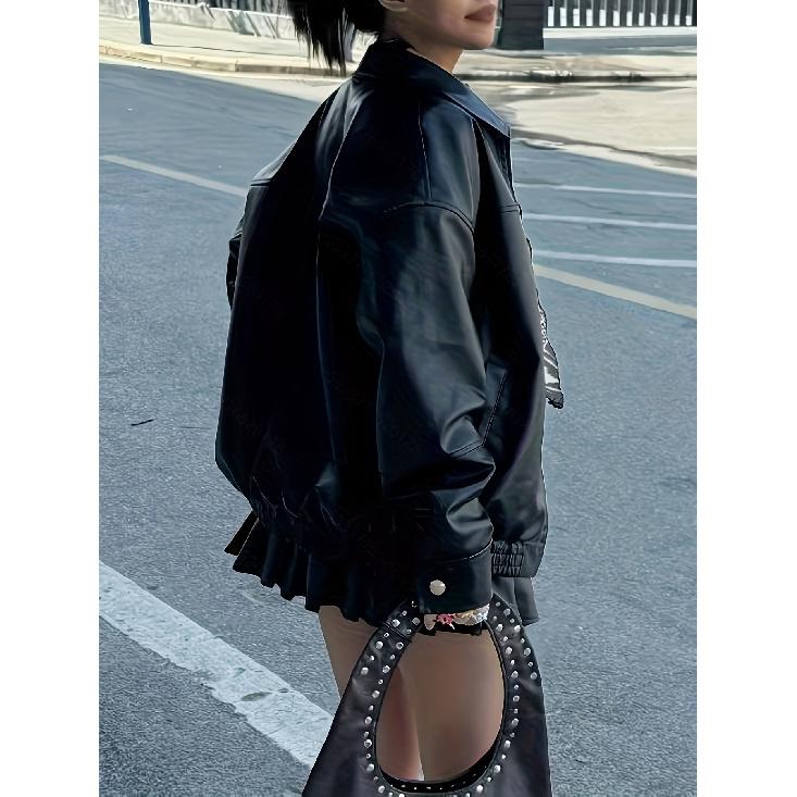 Women's Short Faux Leather Jacket Street Style Zipper PU Leather Riding Jacket Vintage Casual Fashion Jacket  Spot Goods