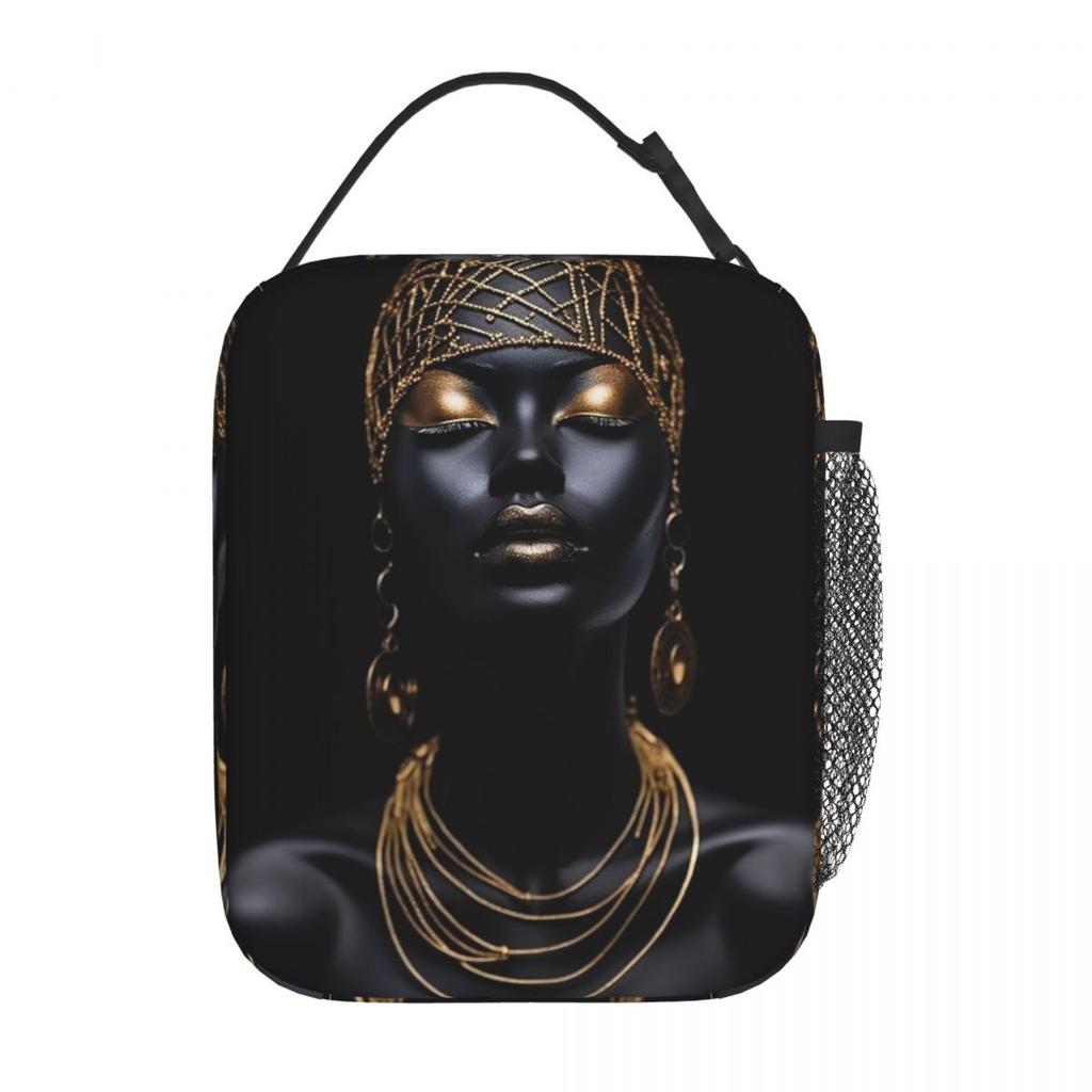 Golden Serenity African Woman Art Insulated Lunch Bag for Women Children Portable Food Boxes Thermal Lunch Box Tote