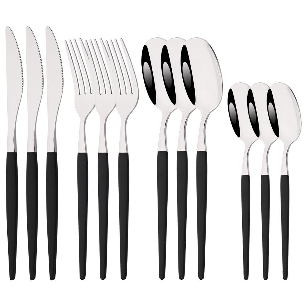 12Pcs New Black Golden Dinnerware Set Stainless Steel Tableware Set Western Knife Fork Coffee Spoon Mirror Flatware Cutlery Set