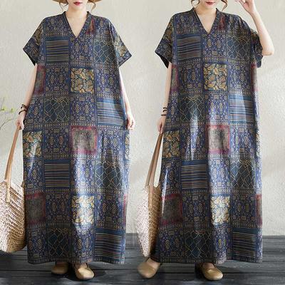 Summer Cotton and Linen Printed V-neck Loose and Simple Long Skirt