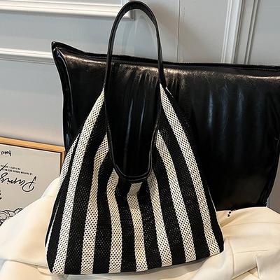 Korean Version of Summer New Striped Woven Bag Leisure Vacation Lazy Wind Bucket Bag Portable Shoulder Commuter Tote Bag