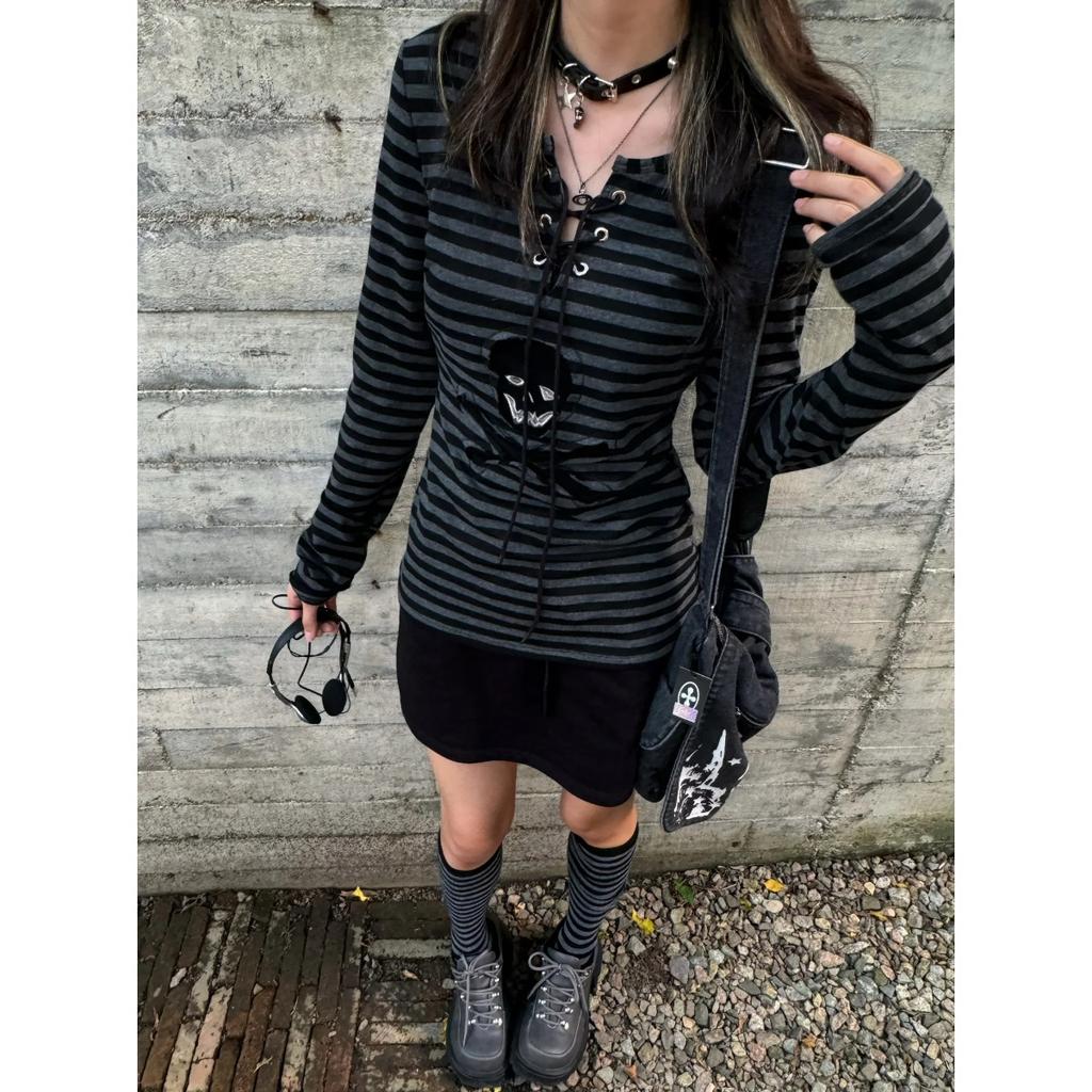 VAYLA Gotické Retro Tričko Dámské Šněrovací Pruhovaná Ležérní Košile Y2k Vintage Potisk Grafická Topy Streetwear Americké Grunge Topy
