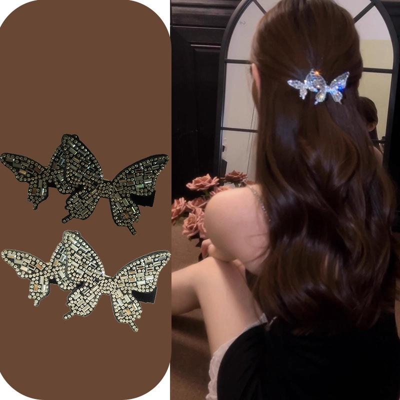 2Pcs Sparkling Side Bangs Clip Fashionable Full Diamond Elegant Butterfly Hair Clip Sweet Duckbill Clip Hair Accessories