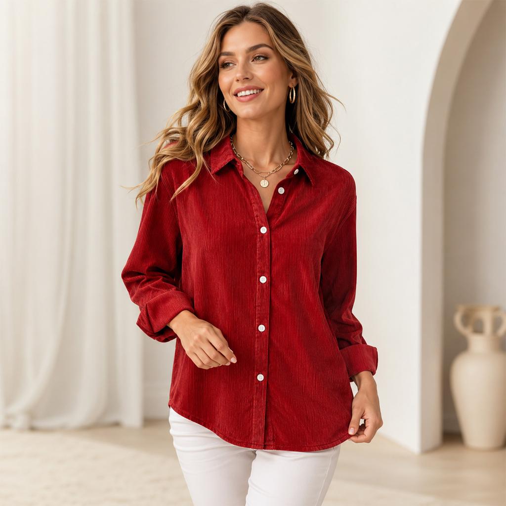 Women's Long Sleeve Corduroy Casual Button Up Shirt for Fall and Winter