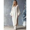 V Neck Loose Faux Fur Long Sleeve Slit Button Decor Dress