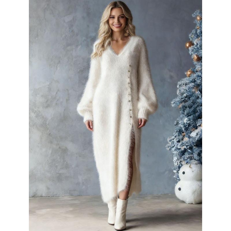 V Neck Loose Faux Fur Long Sleeve Slit Button Decor Dress