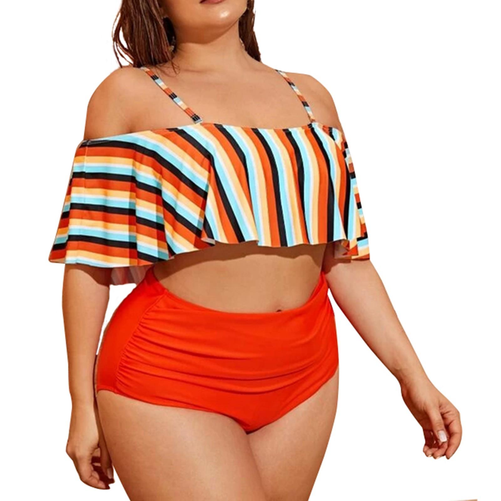 

Женские купальники больших размеров с высокой талией, бикини в полоску с принтом и баской, купальник с разрезом XL красный