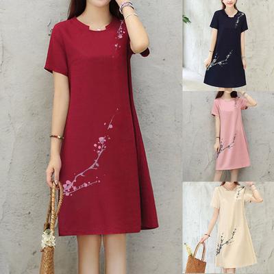 Women Vintage Floral Print  Short Sleeve Cotton Linen Loose Casual Dress