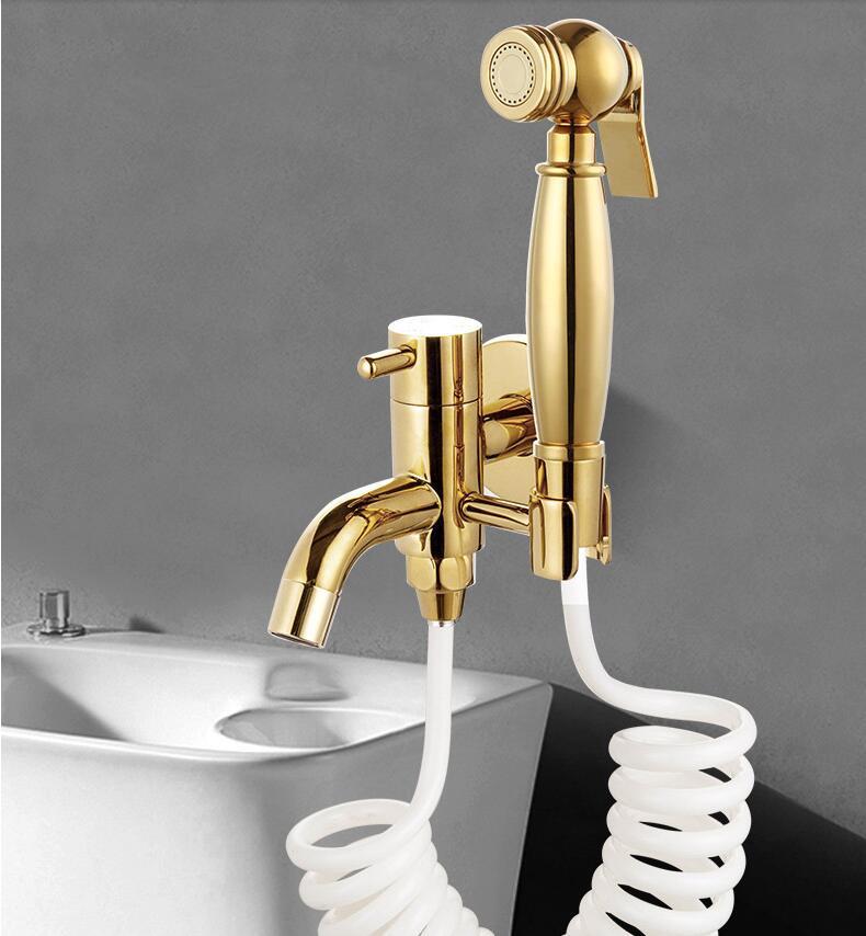 

Bidet Faucet Set Gold Wall Mounted Bathroom Bidet faucet High Pressure Bidet Gun Brass Gold With Gold Plumbing Hose