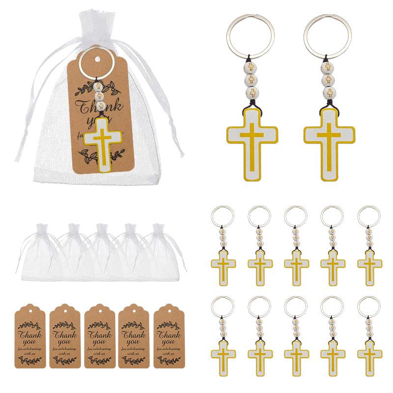 Baptism Key Ring Cross White Mesh Bag Holy Communion Gift Wooden Bead String Set Gift