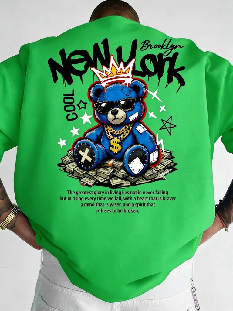 American Unisexs new summer Cool Bear Letter wealth print micro elastic breathable round neck Tshirt outdoor street style top